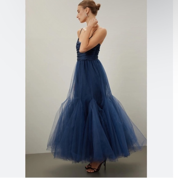 Hutch Toni Barre Sleeveless Tulle Maxi Dress Navy Blue Satin Gown Balletcore 2 - Picture 3 of 10